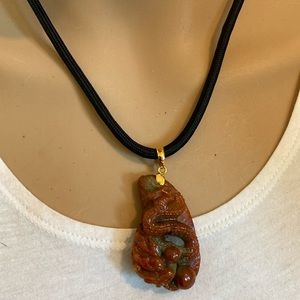 14K Solid Yellow Gold Engraved Carved Dragon Natural Red Jade Pendant / Charm